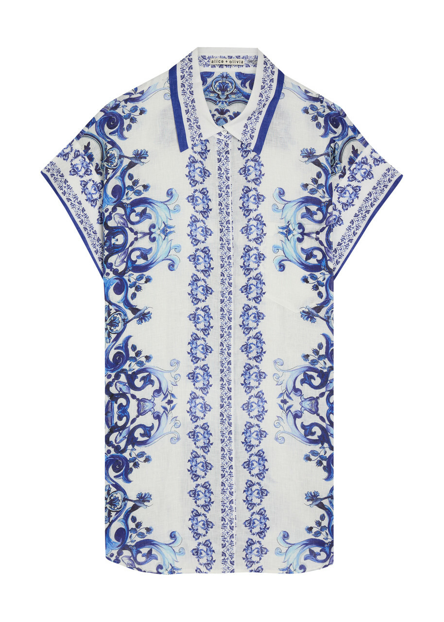 Alice + Olivia Finely Printed Linen Mini Shirt Dress Blue And White