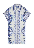 Alice + Olivia Finely Printed Linen Mini Shirt Dress Blue And White