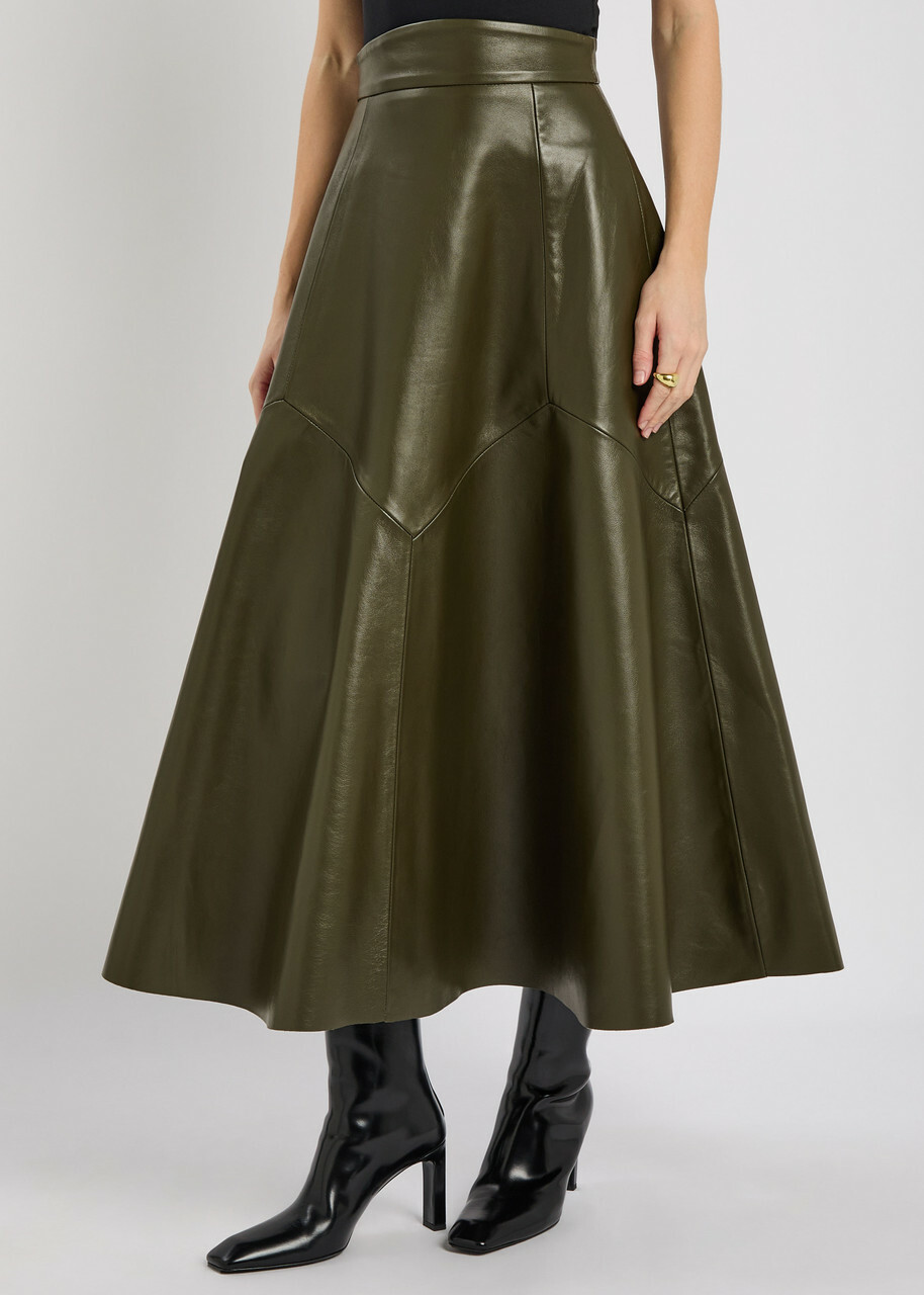 Skiim Max Panelled Leather Midi Skirt Khaki