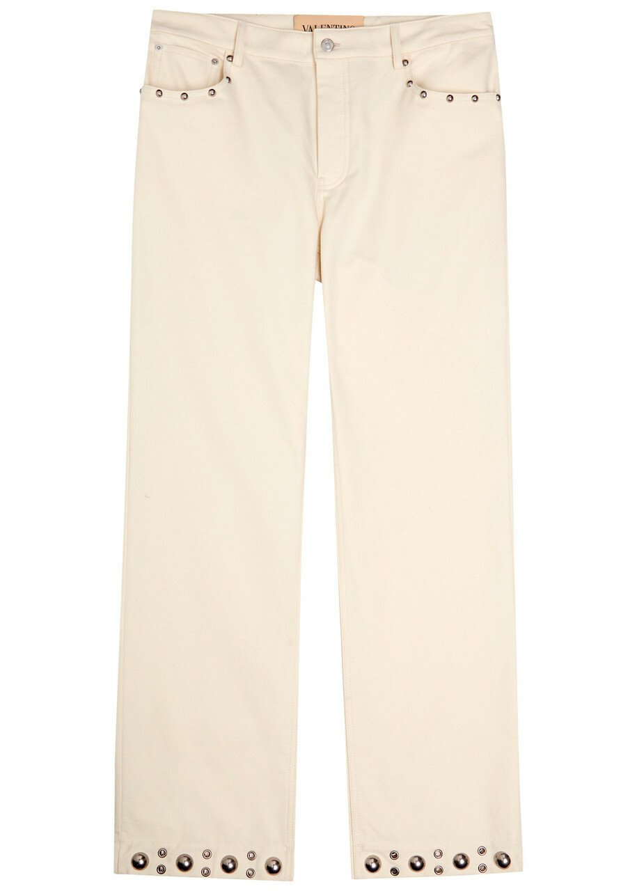 Valentino Garavani Stud-embellished Straight-leg Cotton Jeans Cream