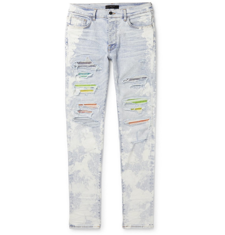 Photo: AMIRI - Skinny-Fit Distressed Crystal-Embellished Stretch-Denim Jeans - Blue