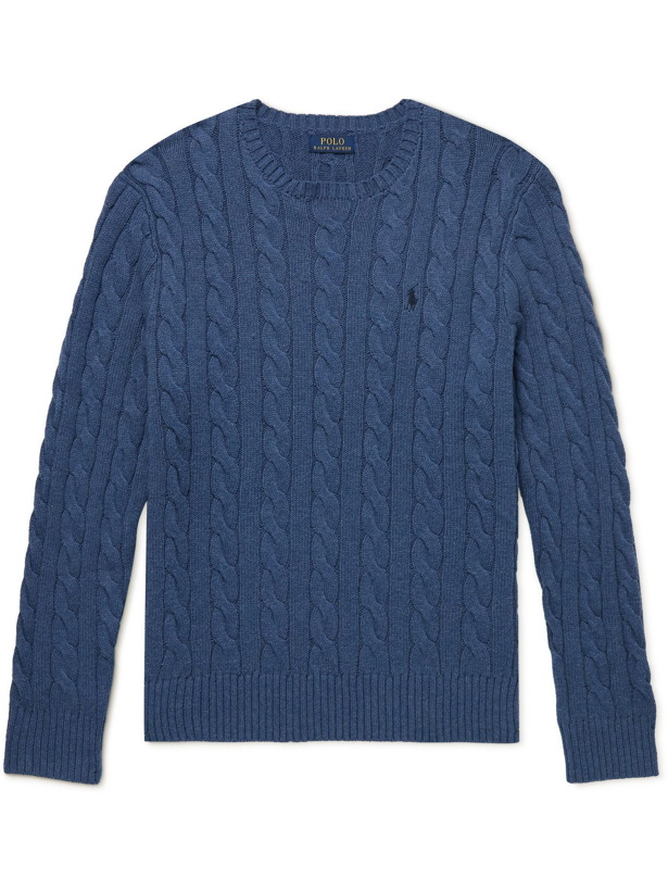 Photo: POLO RALPH LAUREN - Logo-Embroidered Cable-Knit Cotton Sweater - Blue