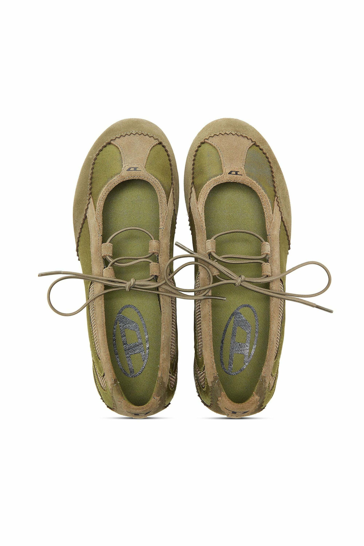 Diesel D-Mile - Lace-up ballerina flats in leather and mesh - Flats Womens in Green