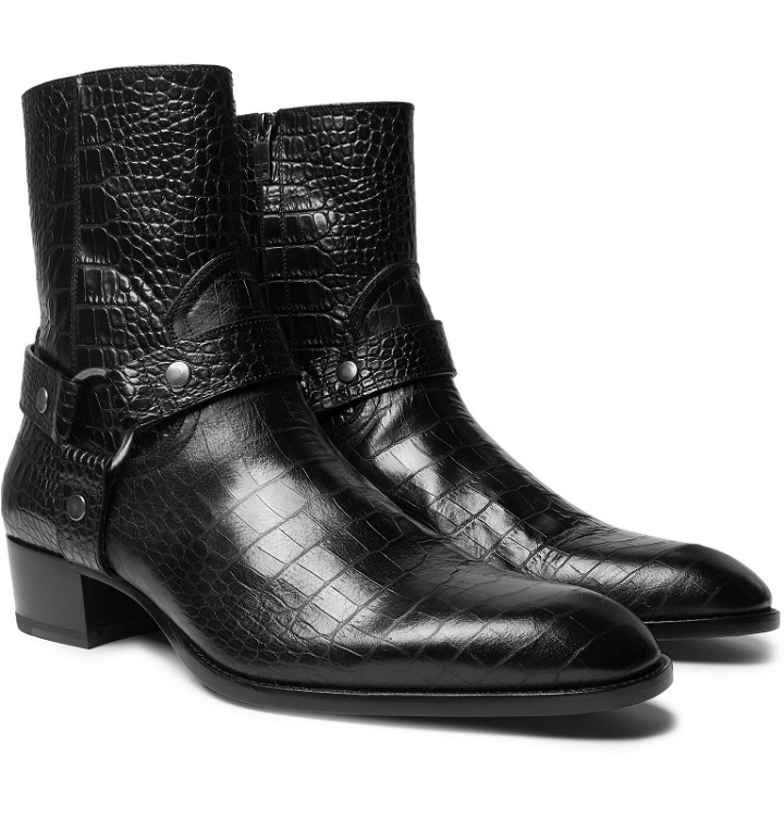 Photo: SAINT LAURENT - Wyatt Croc-Effect Leather Boots - Black