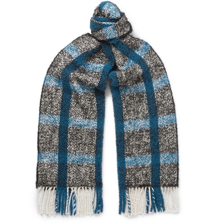 Photo: Mr P. - Fringed Checked Textured-Knit Scarf - Men - Blue