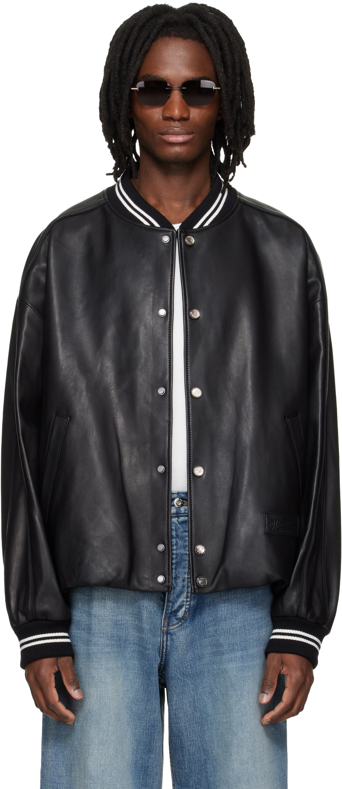 WOOYOUNGMI Black Leather Baseball Jacket