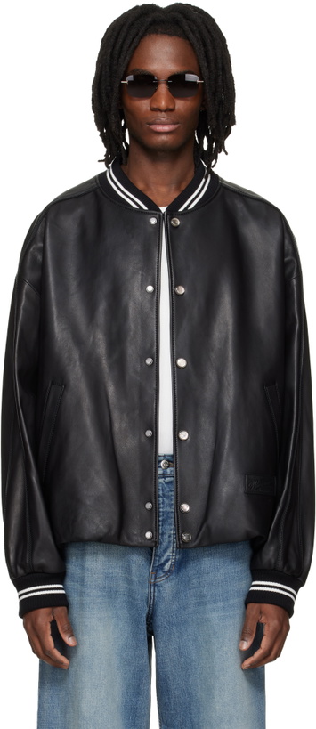 Photo: WOOYOUNGMI Black Leather Baseball Jacket