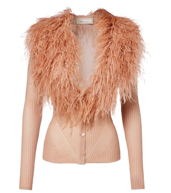 Photo: Blumarine Feather-trimmed ribbed-knit cardigan