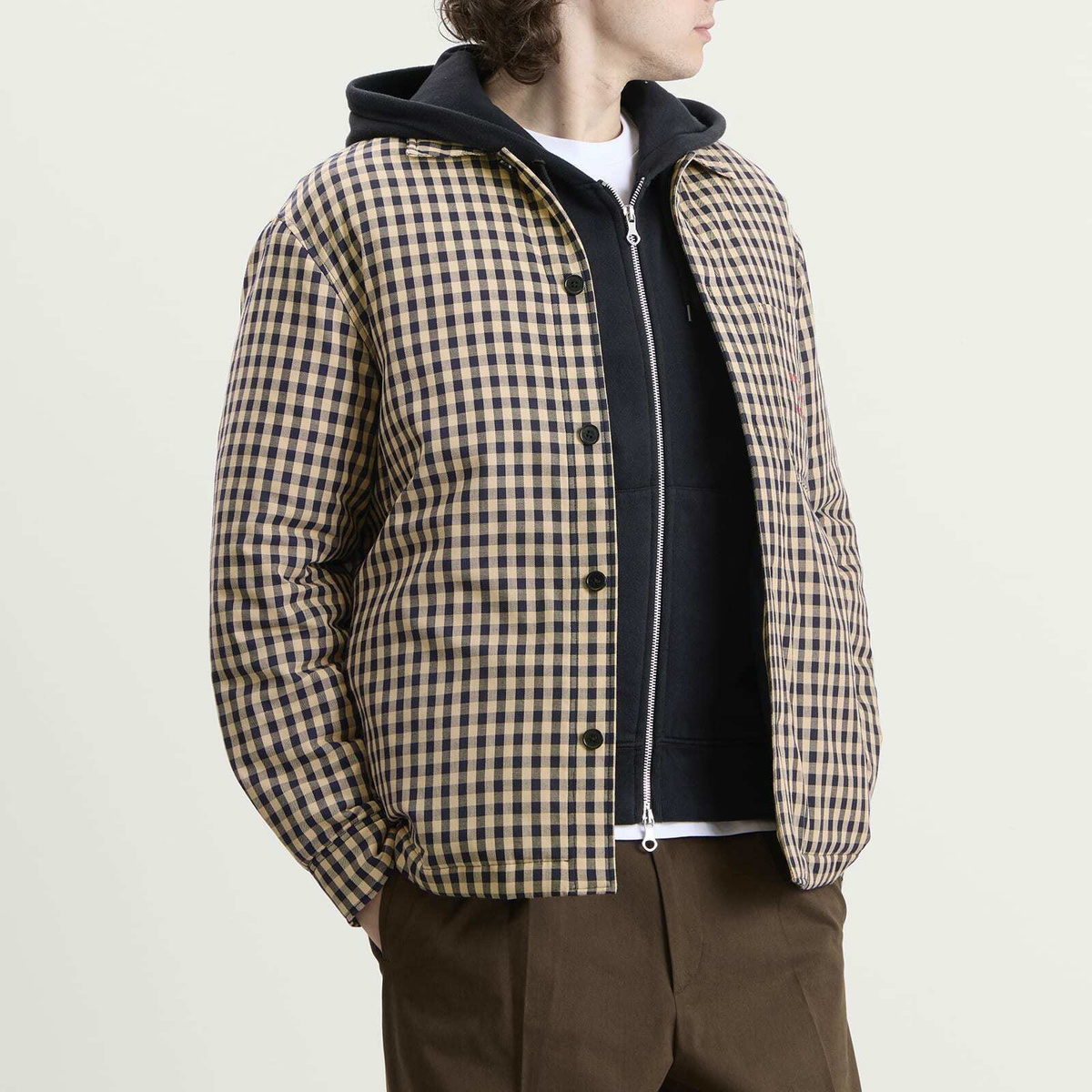 Drôle de Monsieur Men's Check Overshirt With Slogan in Beige