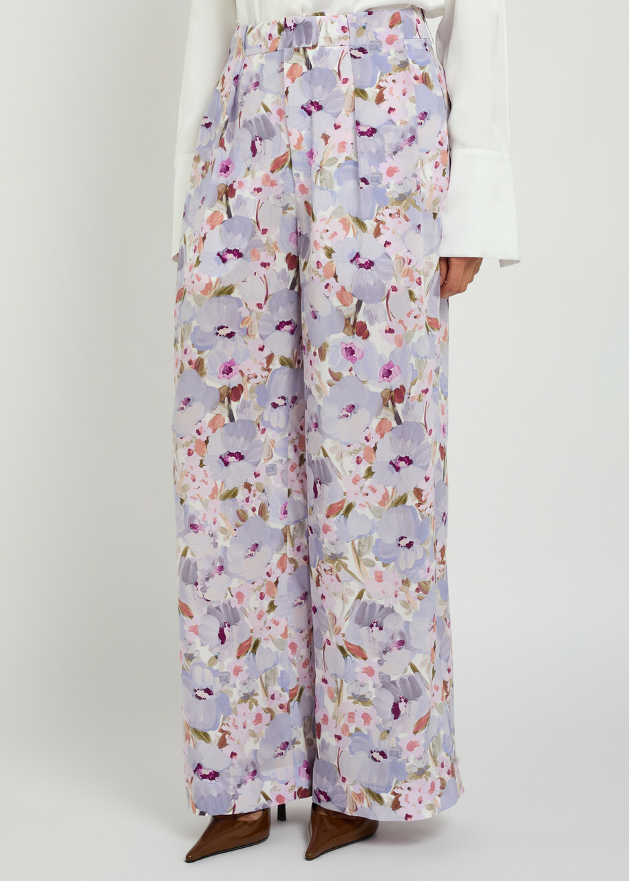 Balmain Floral-print Wide-leg Silk Trousers White