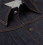 Dunhill - Leather-Trimmed Pleated Stretch-Denim Jacket - Men - Indigo