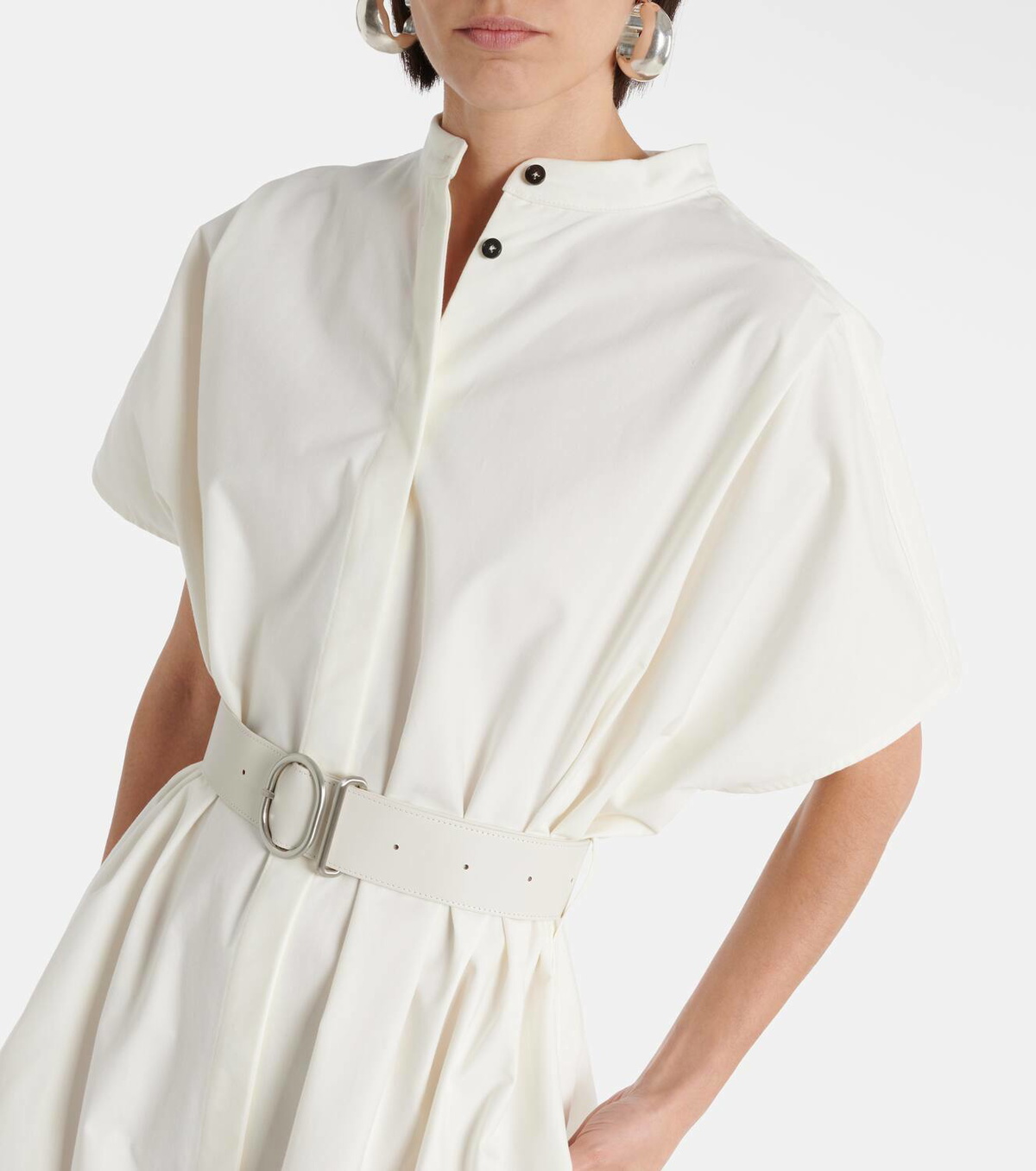 Jil Sander Belted leather-trimmed cotton midi dress