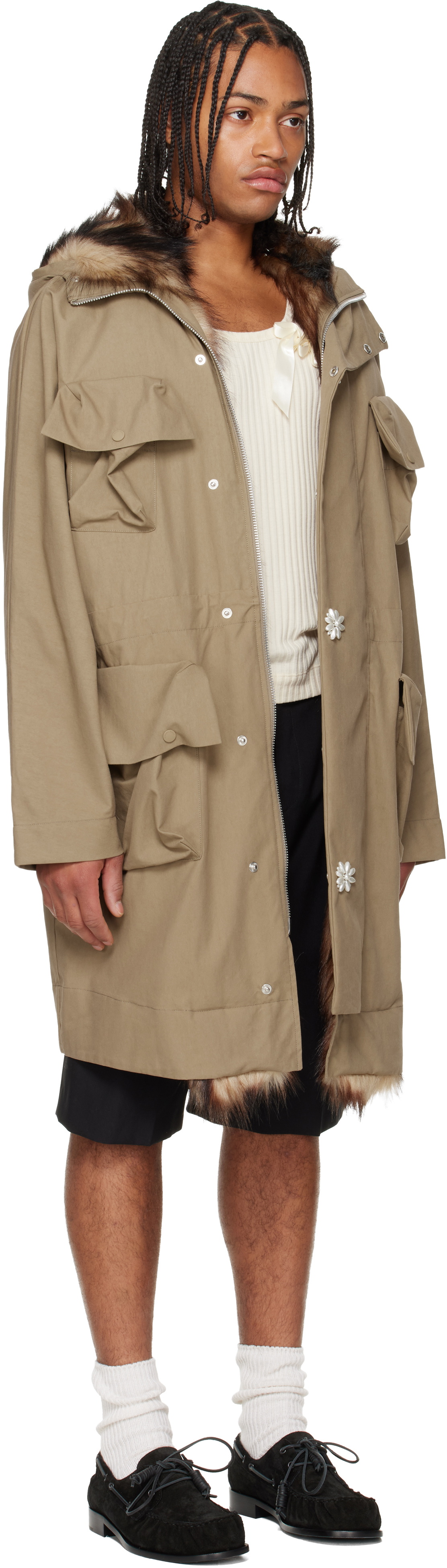 Simone Rocha Khaki Multi Pocket Faux Fur Lined Parka Coat