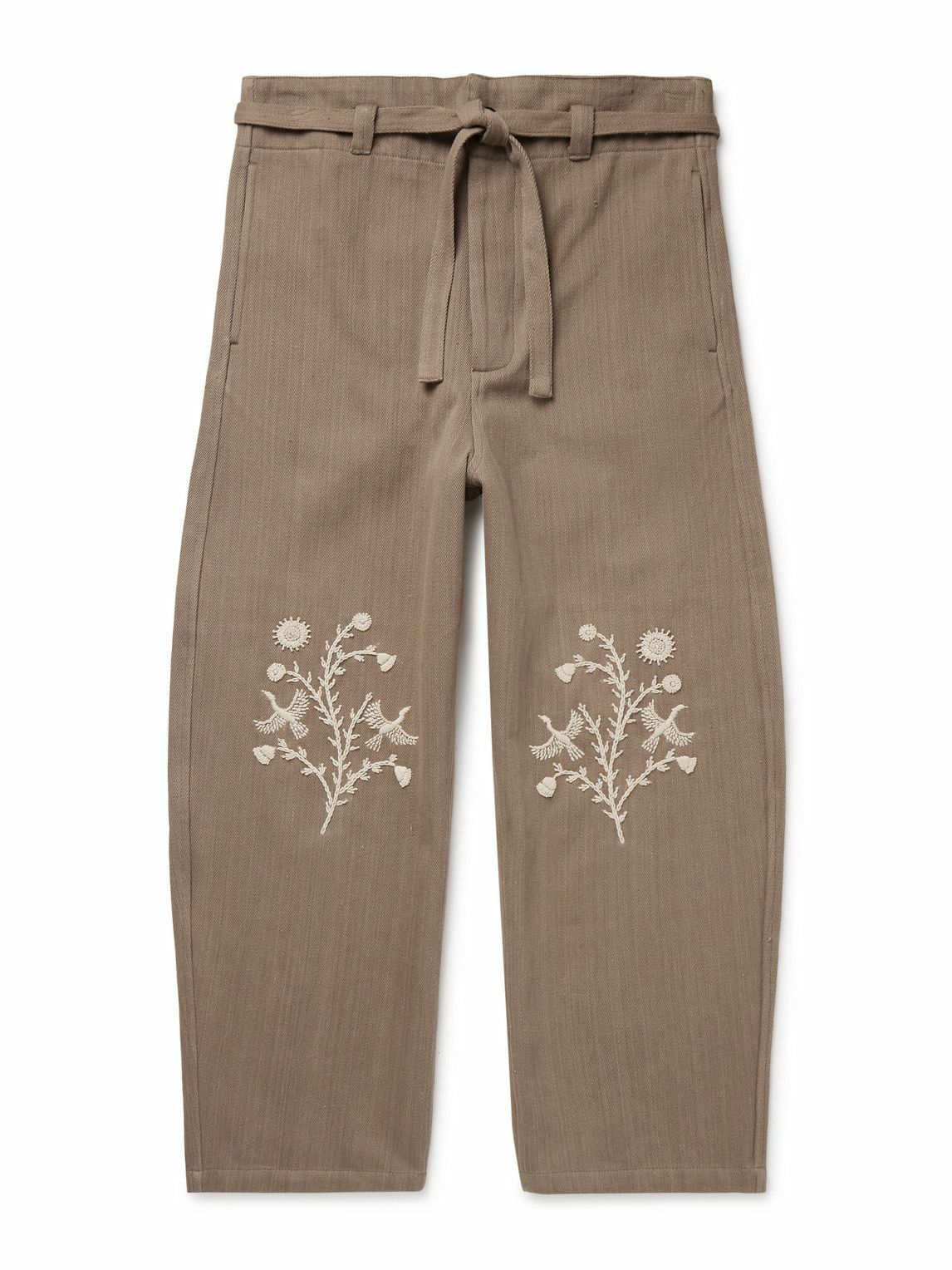 Kartik Research - Fauji Belted Embellished Embroidered Cotton-Twill Wide-Leg Trousers - Brown