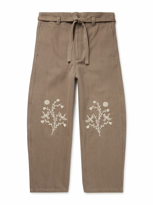 Photo: Kartik Research - Fauji Belted Embellished Embroidered Cotton-Twill Wide-Leg Trousers - Brown