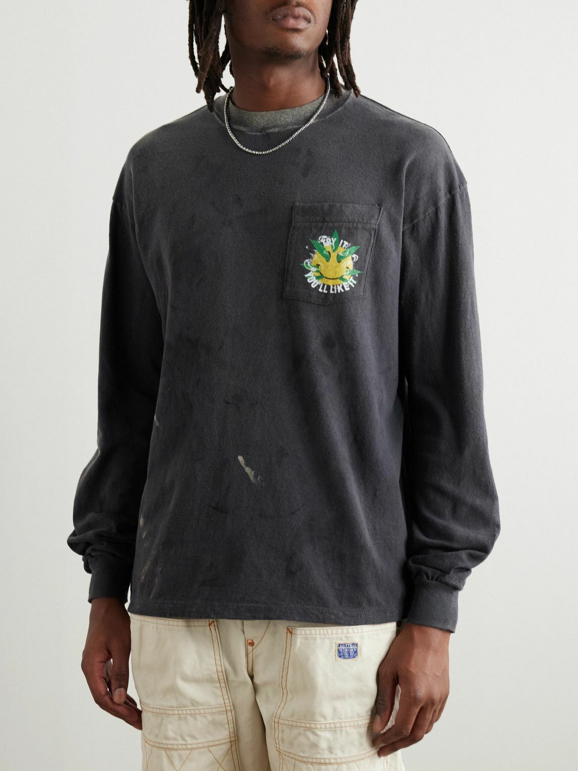 READYMADE - Distressed Printed Cotton-Jersey T-Shirt - Gray