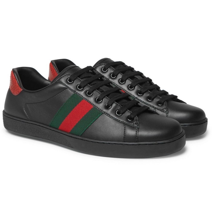 Photo: Gucci - Ace Snake-Trimmed Leather Sneakers - Men - Black