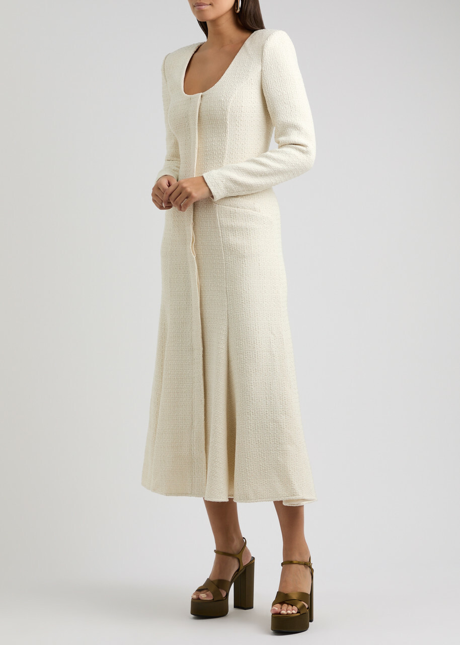 Roland Mouret Tweed Midi Dress Cream Roland Mouret