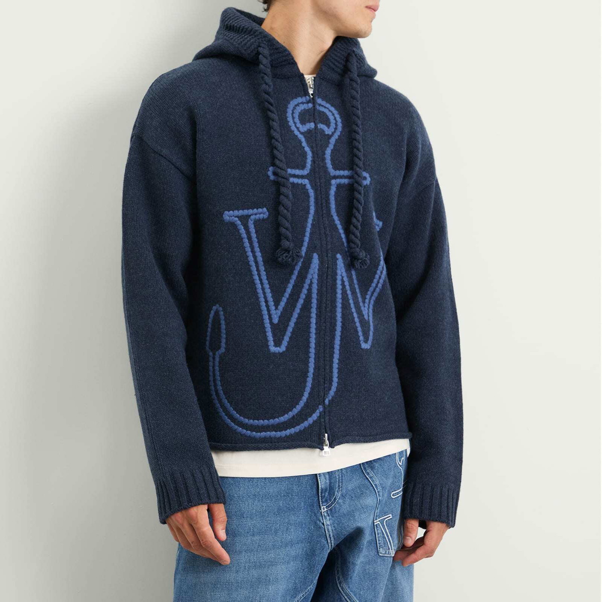 JW Anderson Men's Anchor Embroidery Zipped Hoodie in Steel Blue