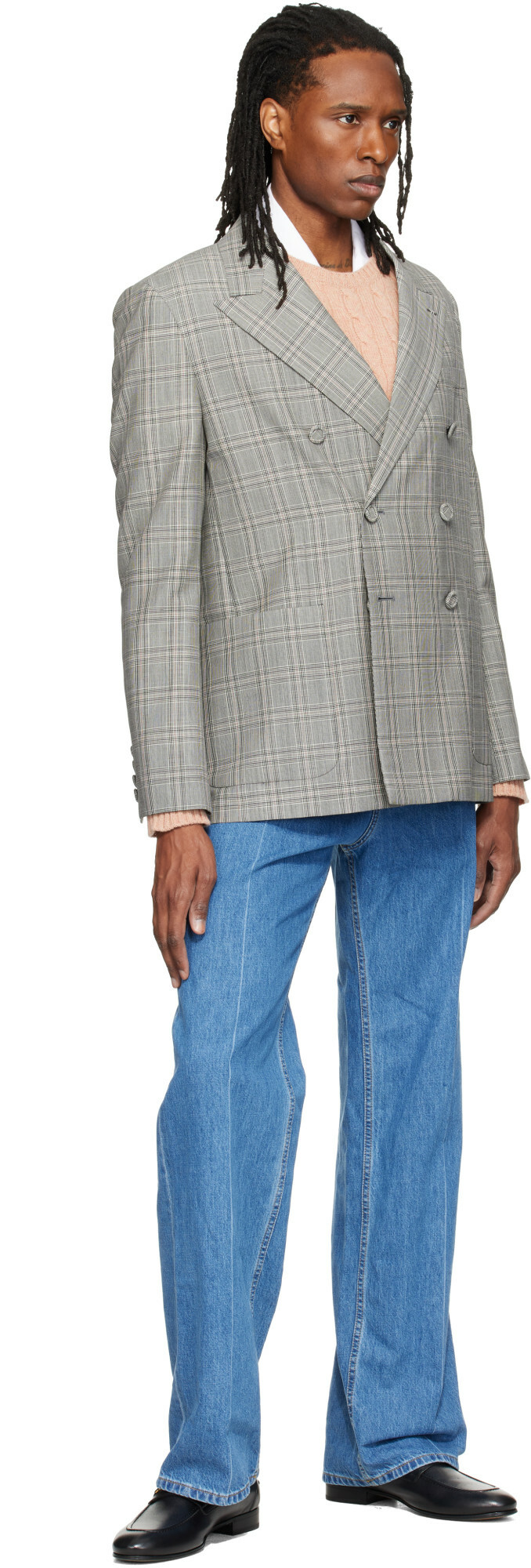 Valentino Gray Double-Breasted Mohair Wool Check Blazer