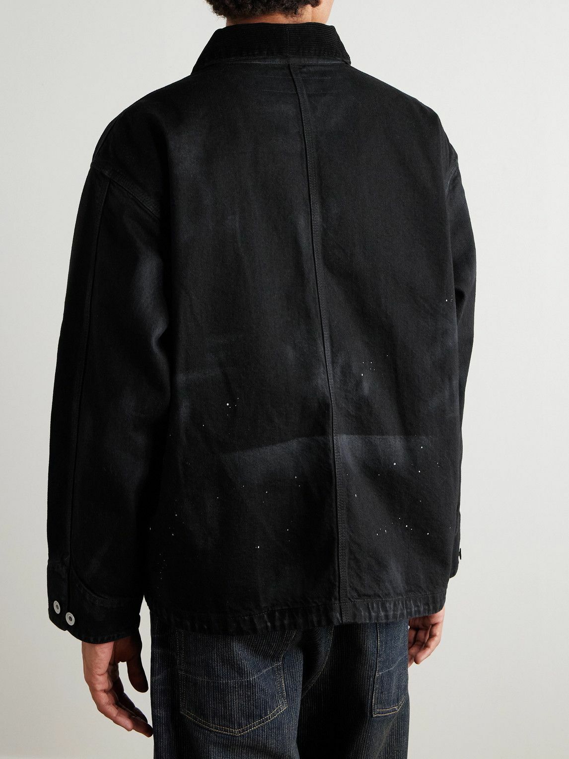 Neighborhood - Corduroy-Trimmed Paint-Splattered Denim Jacket - Black