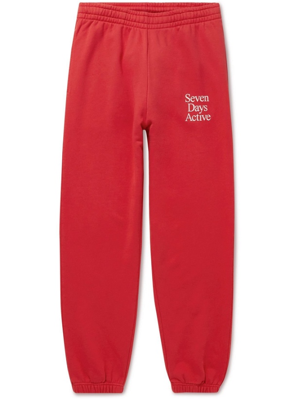 Photo: 7 DAYS ACTIVE - Monday Logo-Print Organic Cotton-Jersey Sweatpants - Red