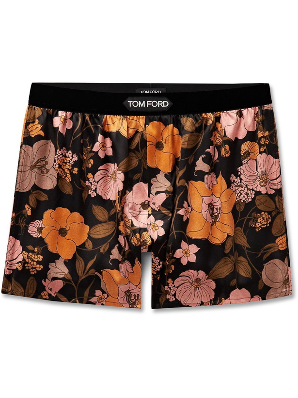 Photo: TOM FORD - Velvet-Trimmed Printed Stretch-Silk Satin Boxer Shorts - Pink