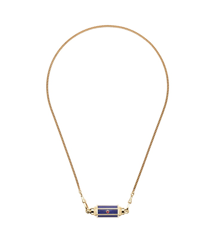 Photo: Marie Lichtenberg Baby 18kt gold pendant necklace with lapis and rubies