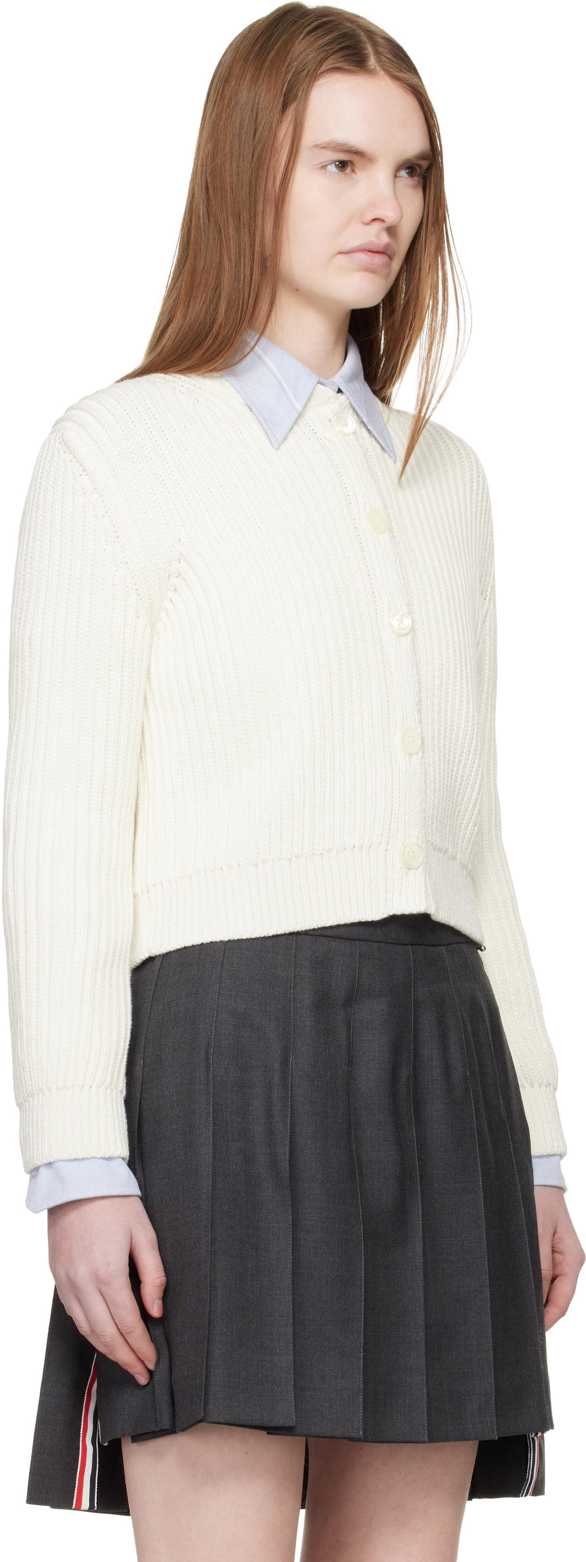 Thom Browne White Full Stitch Cropped Crew Neck Cardigan