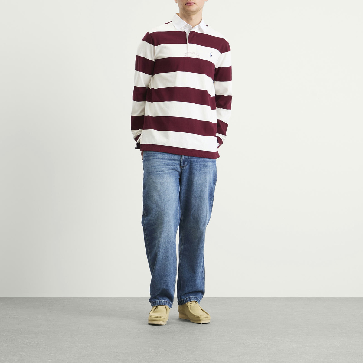 Polo Ralph Lauren Men's Stripe Rugby Shirt in Classic Wine/Trophy Cream