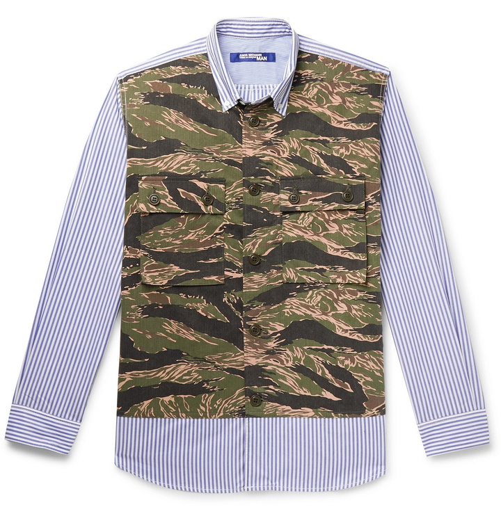 Photo: Junya Watanabe - Button-Down Collar Panelled Camouflage and Striped Cotton Shirt - Green