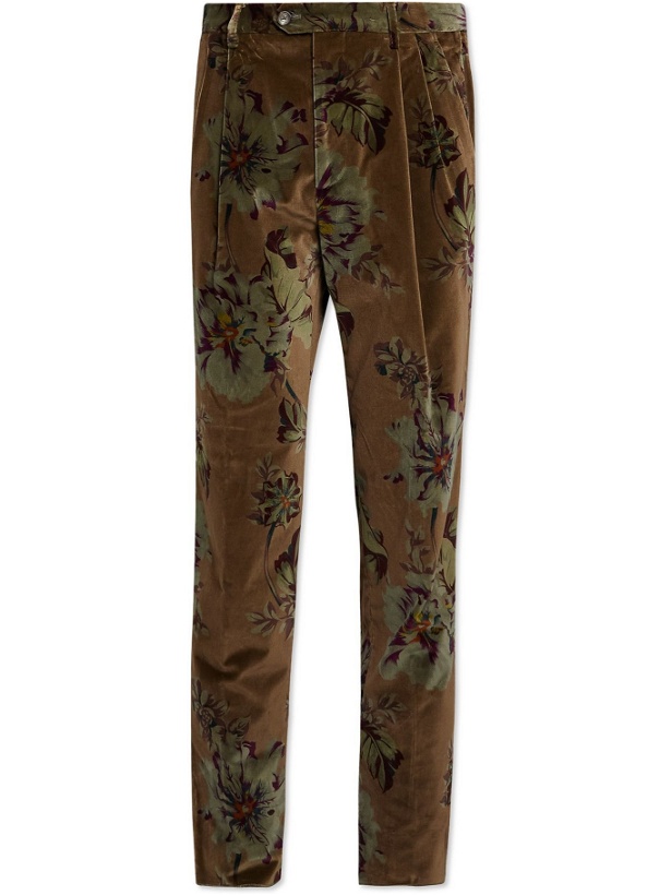 Photo: Etro - Tapered Pleated Printed Cotton-Blend Velvet Suit Trousers - Brown