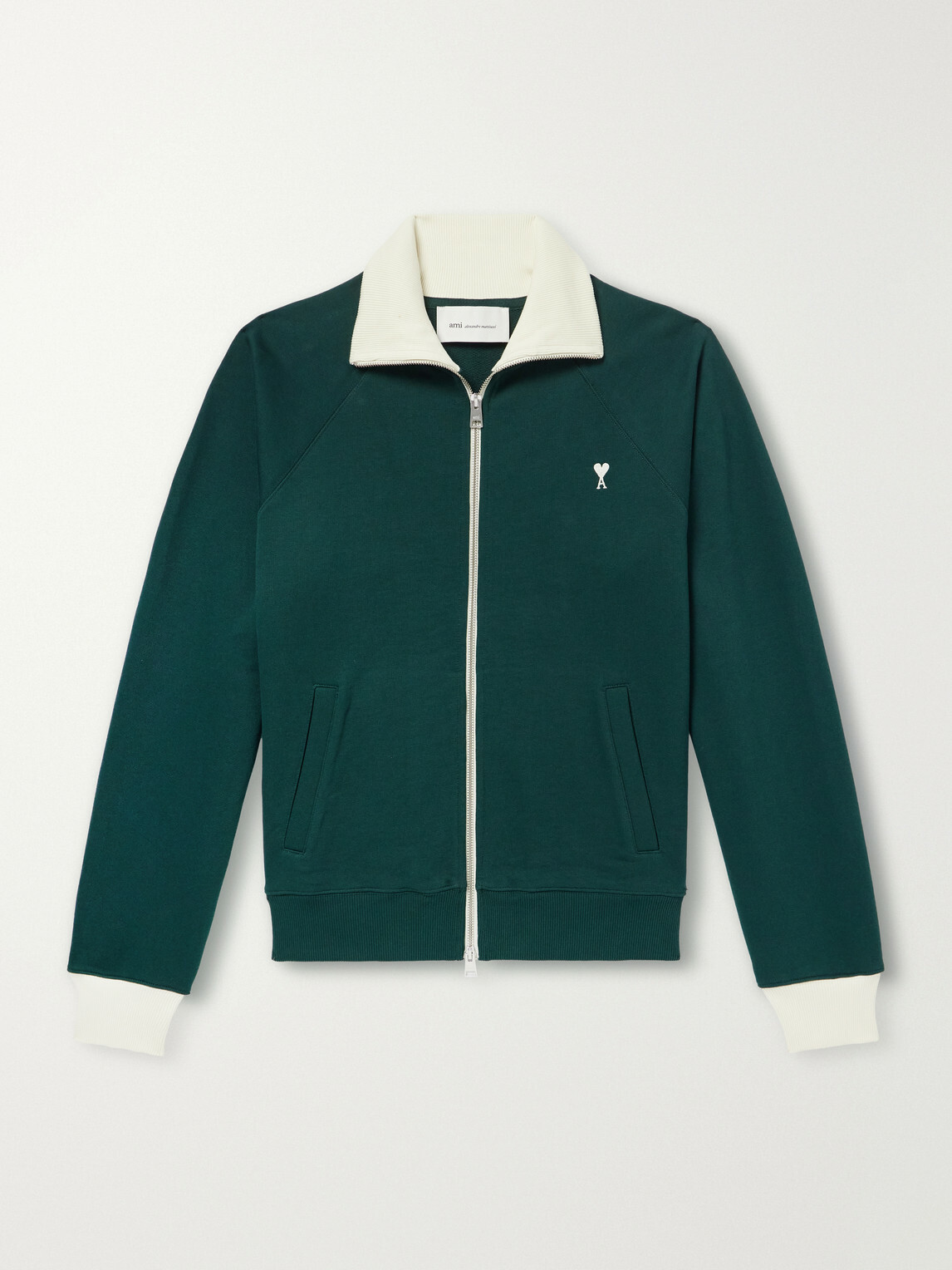 AMI PARIS - Logo-Embroidered Cotton-Jersey Zip-Up Sweatshirt - Green
