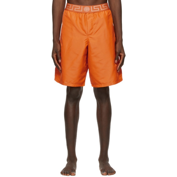 Versace Underwear Orange Greca Border Long Swim Shorts Versace Underwear