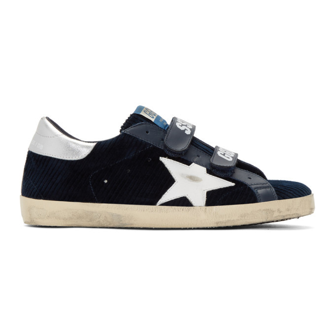 Photo: Golden Goose Navy and White Corduroy Old School Superstar Sneakers