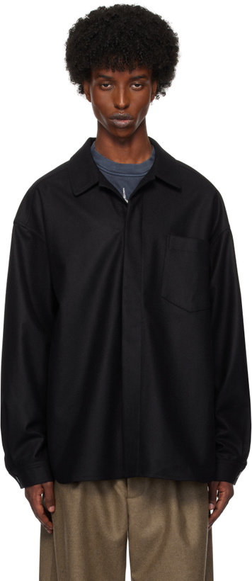 Photo: Lownn Black Flannel Wool Minimal Shirt
