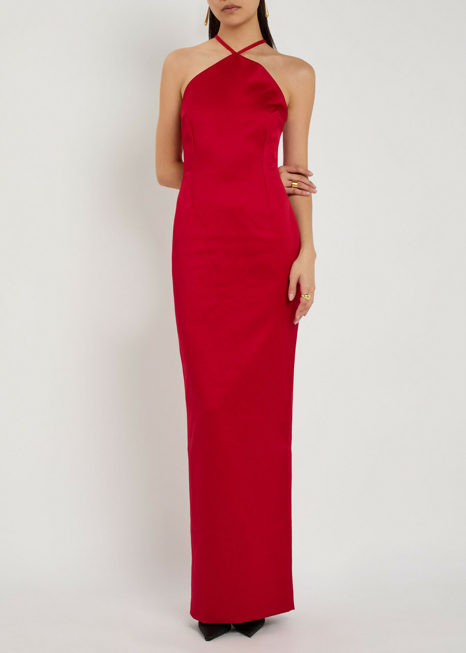 Solace London Fern Halterneck Satin Maxi Dress Red