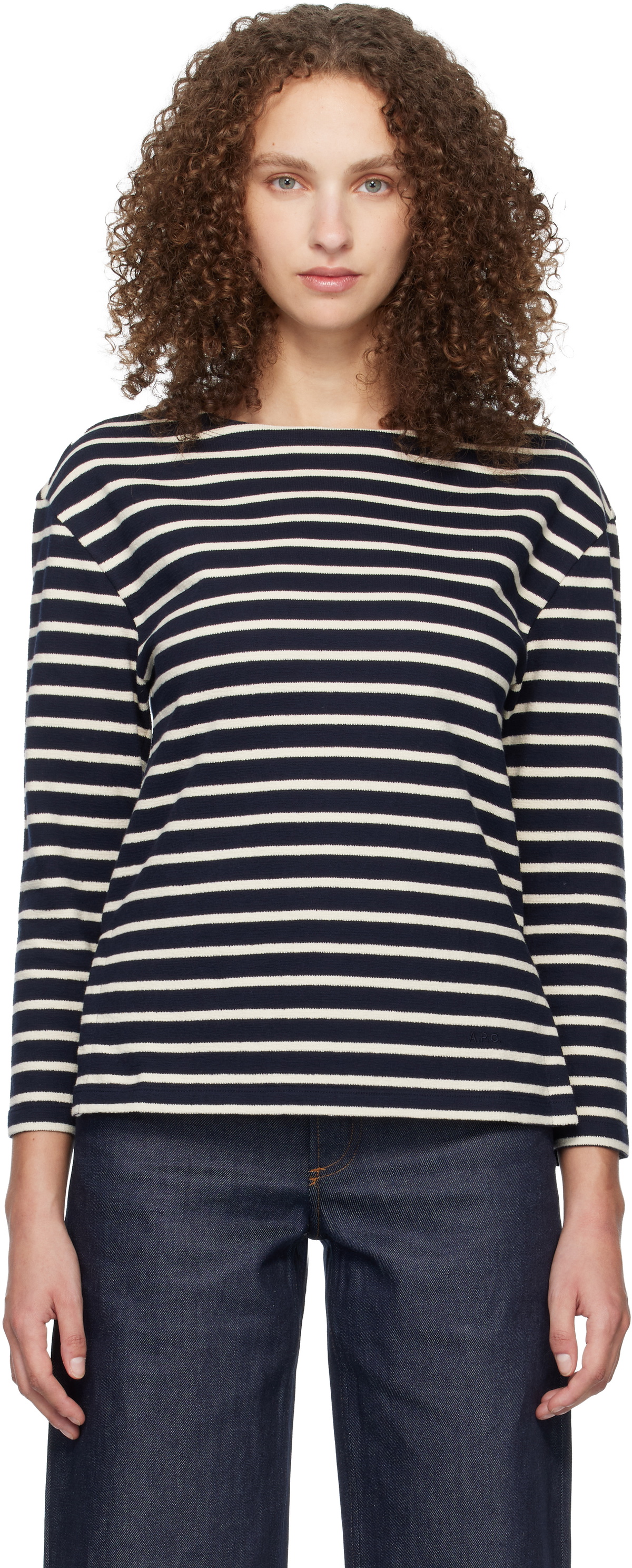 A.P.C. Navy Striped Three-Quarter Sleeve T-shirt