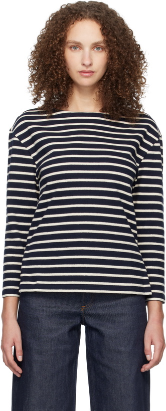 Photo: A.P.C. Navy Striped Three-Quarter Sleeve T-shirt