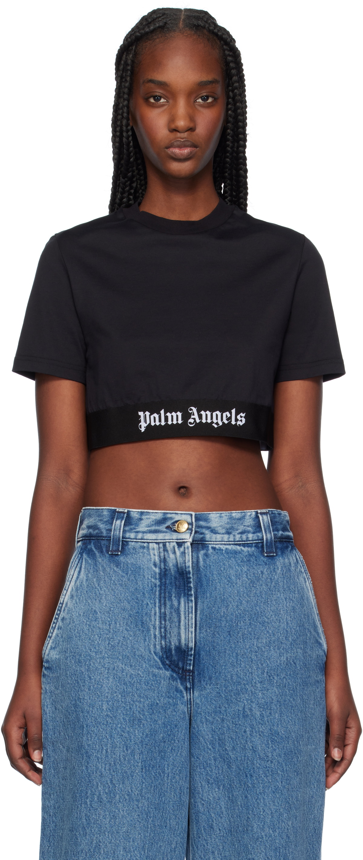 Palm Angels Black Logo Tape Cropped T-shirt Palm Angels