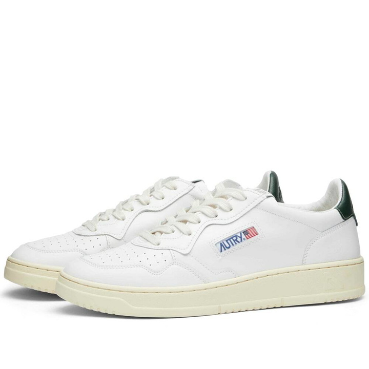 Photo: Autry Men's 01 Low Leather Sneakers in White/Dark Green