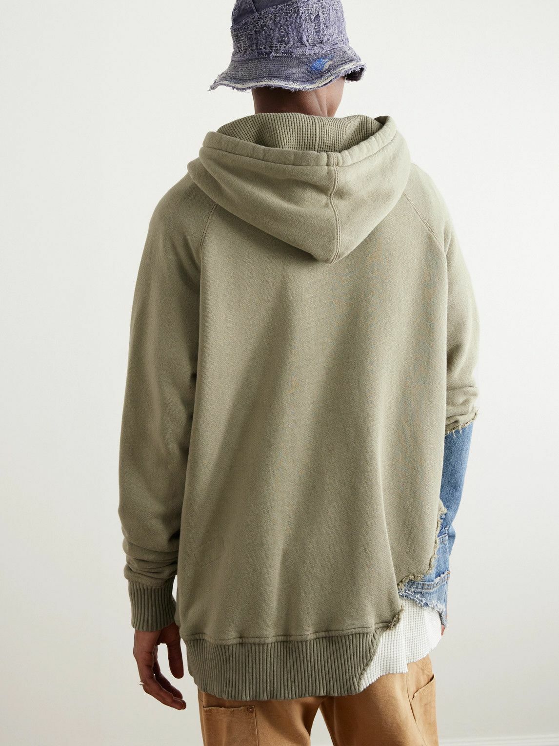 Greg Lauren - Denim-Panelled Waffle-Knit Cotton-Blend Jersey Hoodie - Green