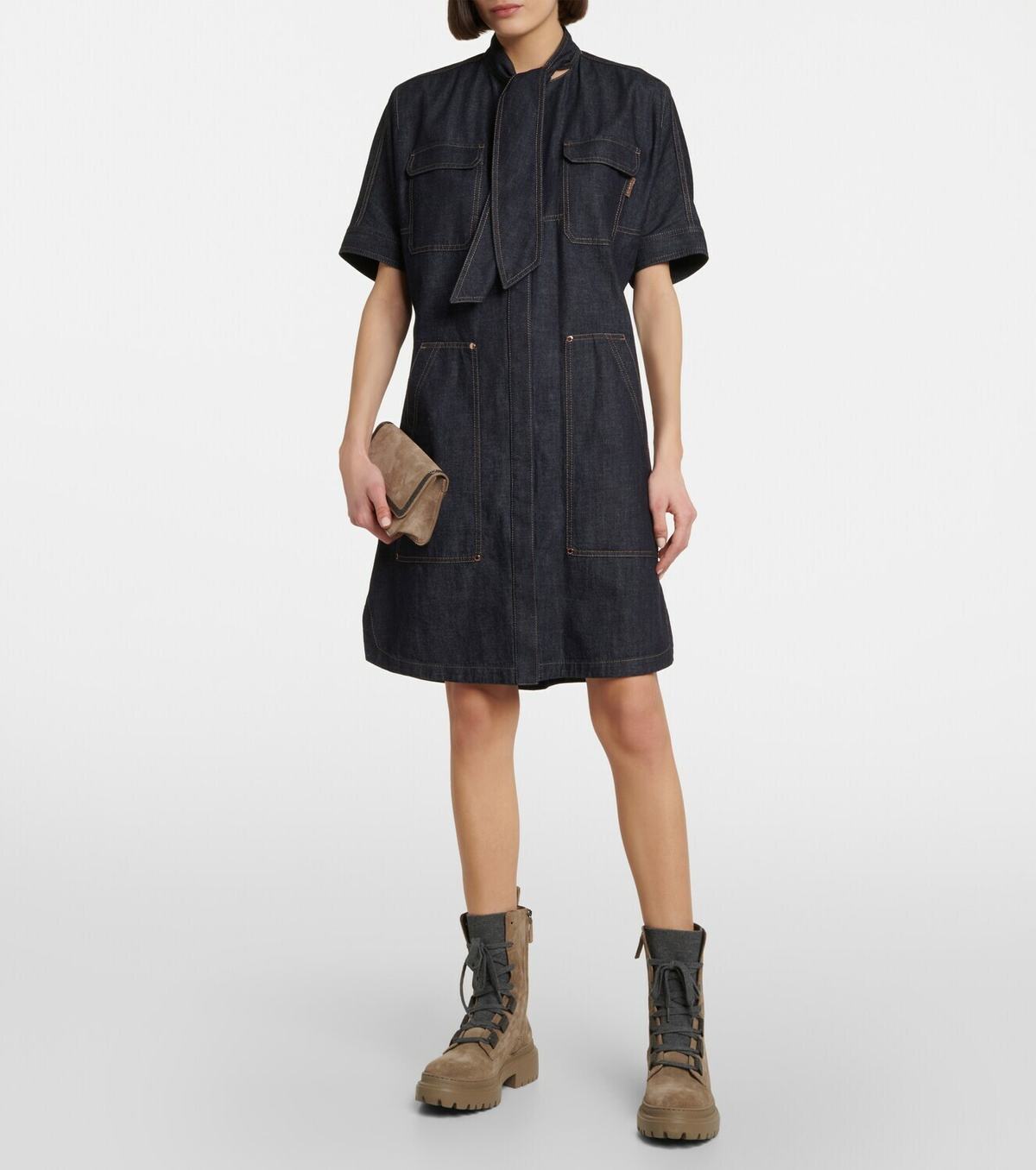 Brunello Cucinelli - Tie-neck denim dress Brunello Cucinelli