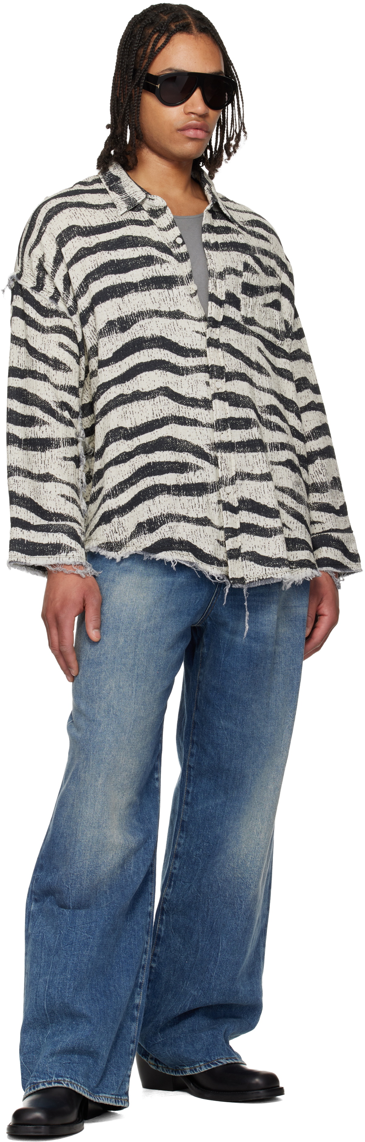 R13 Black & White Shredded Seam Drop Neck Shirt