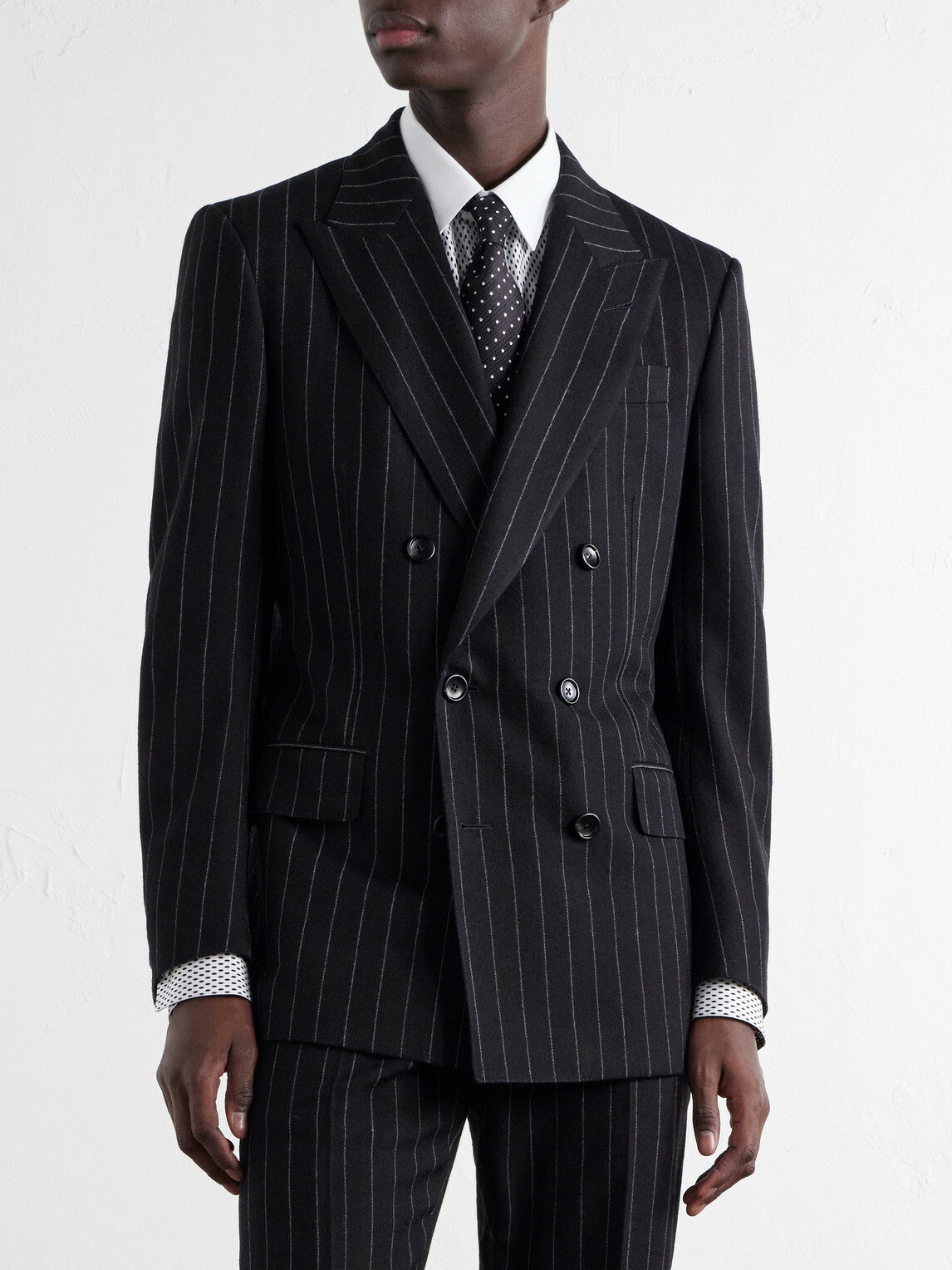 TOM FORD - Double-Breasted Pinstriped Wool-Twill Suit Jacket - Black