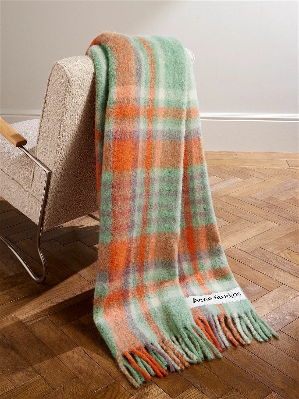 Photo: Acne Studios - Vana Logo-Appliquéd Fringed Checked Knitted Blanket