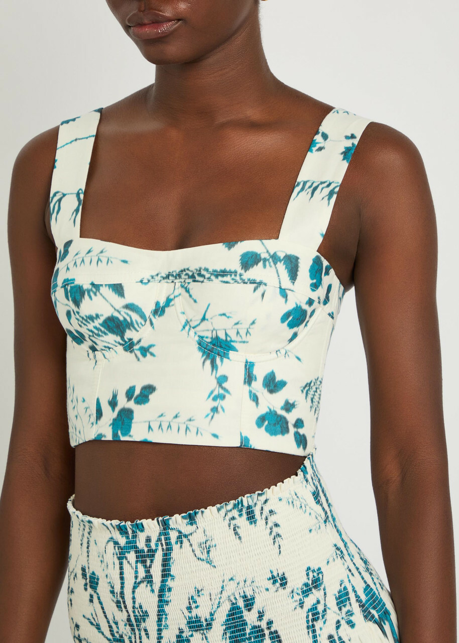 Erdem Floral-print Cotton and Linen-blend Crop top Blue