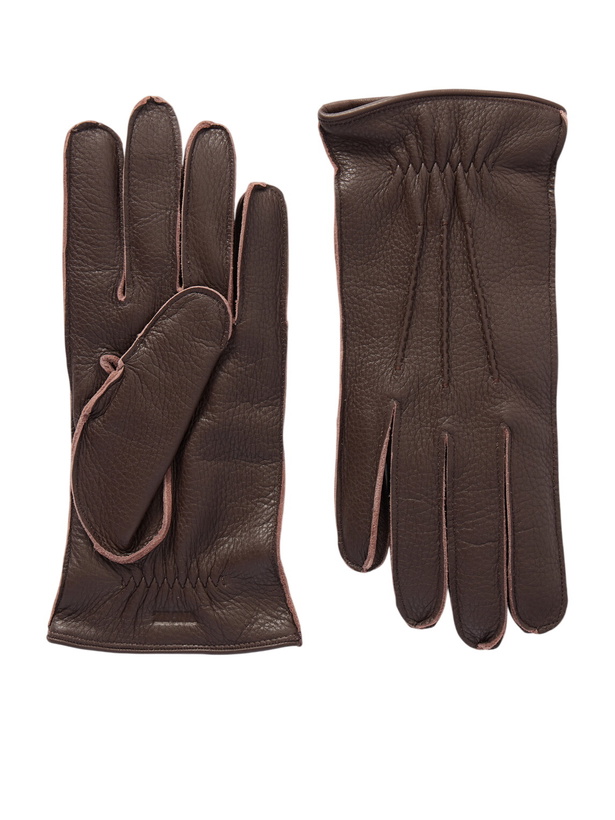 Photo: Zegna - Logo-Embossed Full-Grain Leather Gloves - Brown