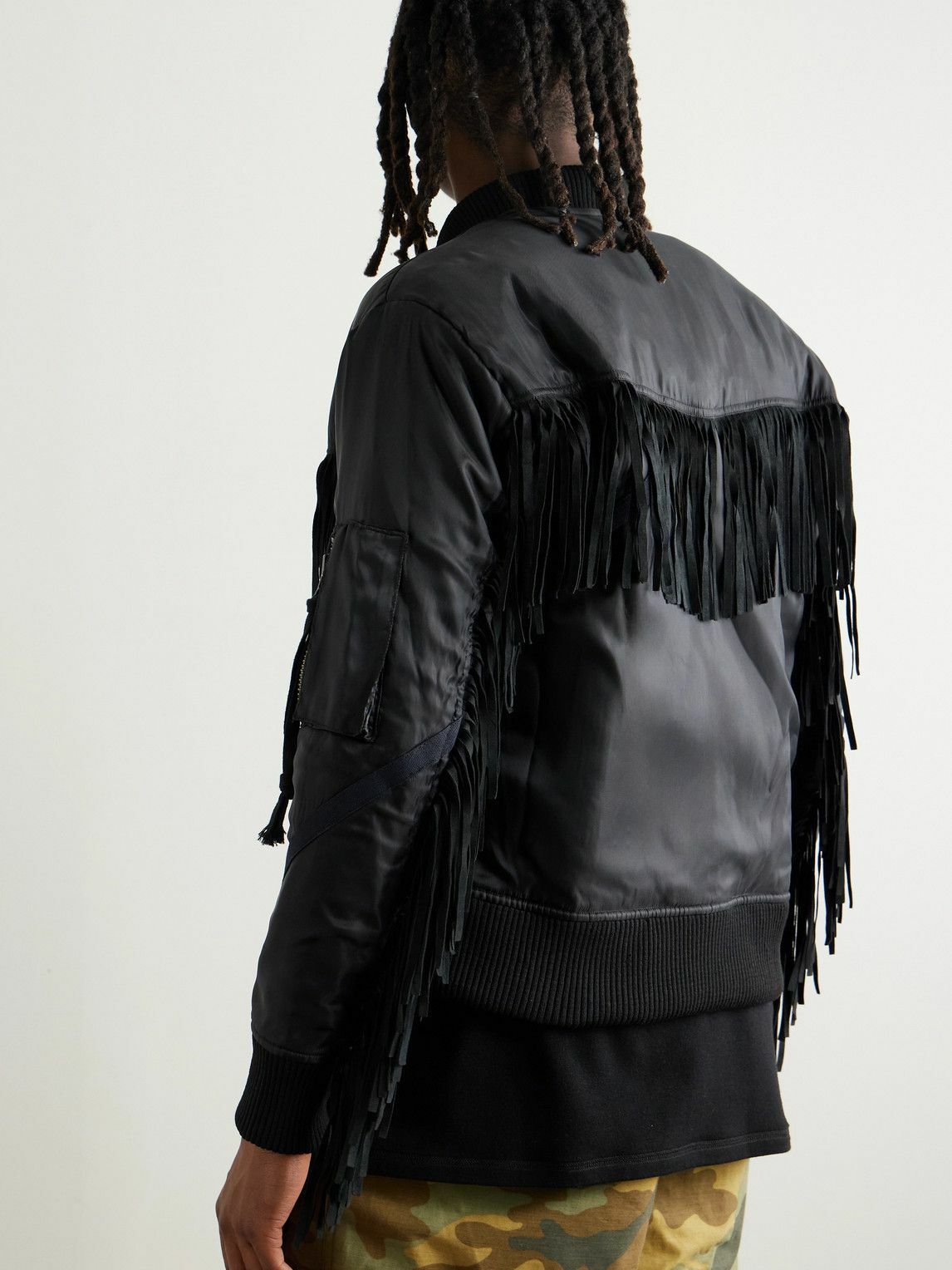 Greg Lauren - Black Tails Slim-Fit Fringed Suede-Trimmed Shell Bomber Jacket - Black