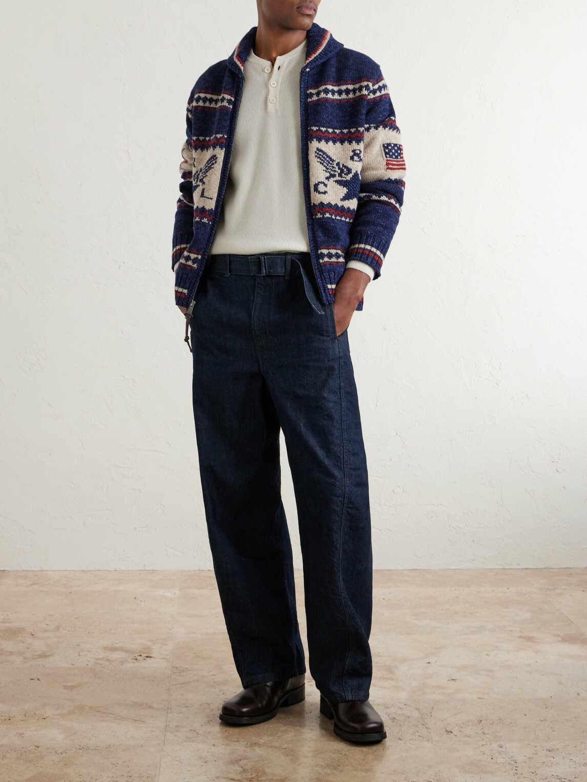 RRL - Shawl-Collar Cotton, Wool and Linen-Blend Jacquard Cardigan - Blue